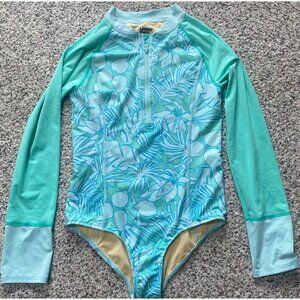 Lands' End Swimsuit Rash Guard One Piece Blue Long Sleeve Palm Leaves Girl 14